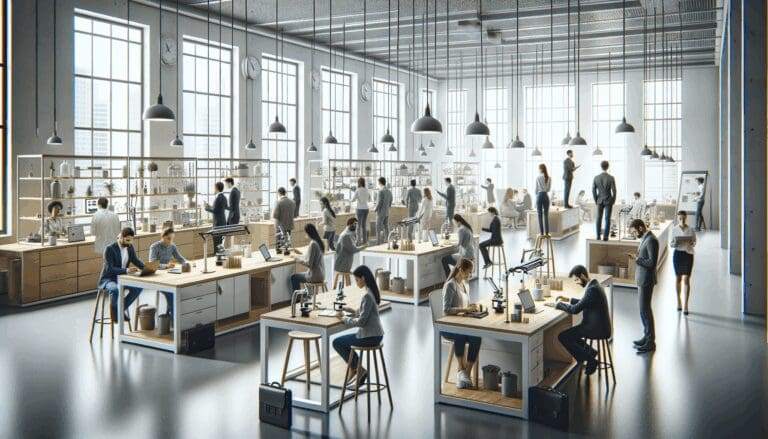 Laboratorio de innovación con emprendedores trabajando en sostenibilidad.