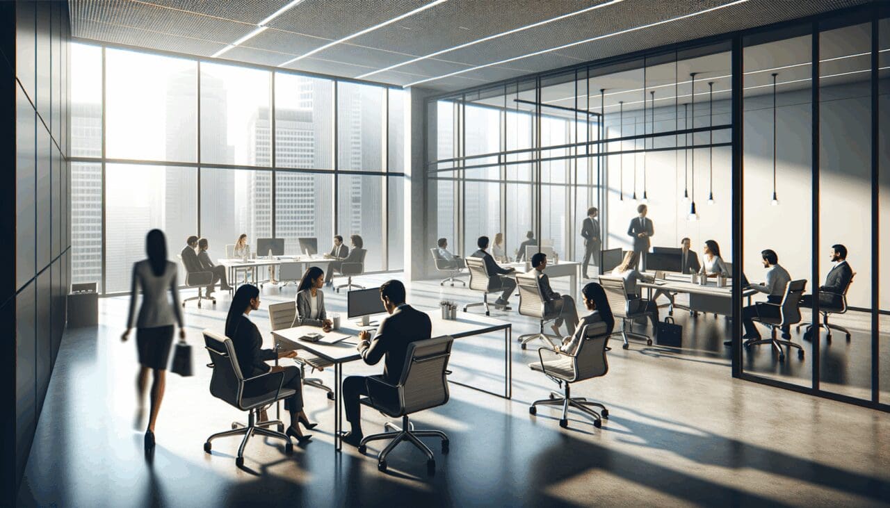 Oficina moderna con emprendedores colaborando en Latinoamérica.