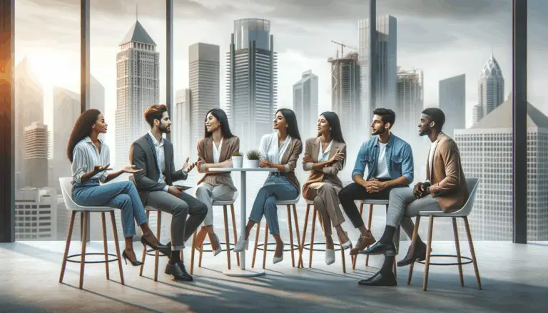 Grupo diverso de jóvenes profesionales conversando en un moderno rooftop con vista urbana, ambiente de networking.