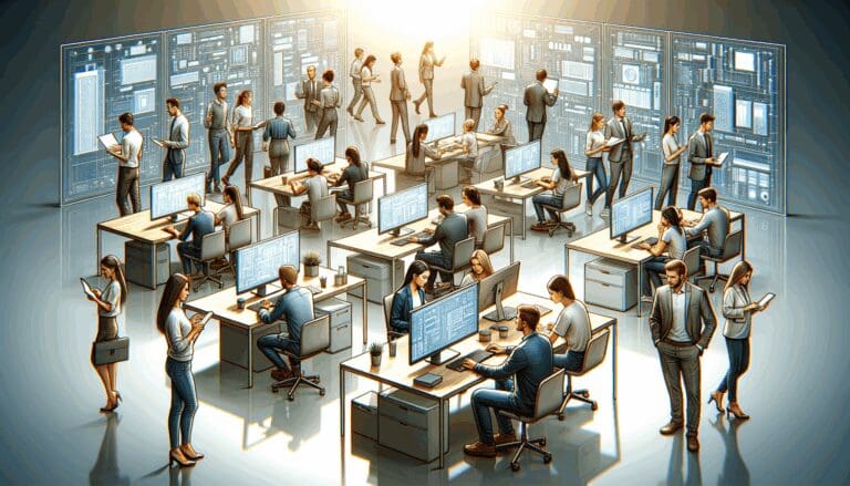 Detalle digital de una escena tecnológica con computadoras y jóvenes emprendedores colaborando.