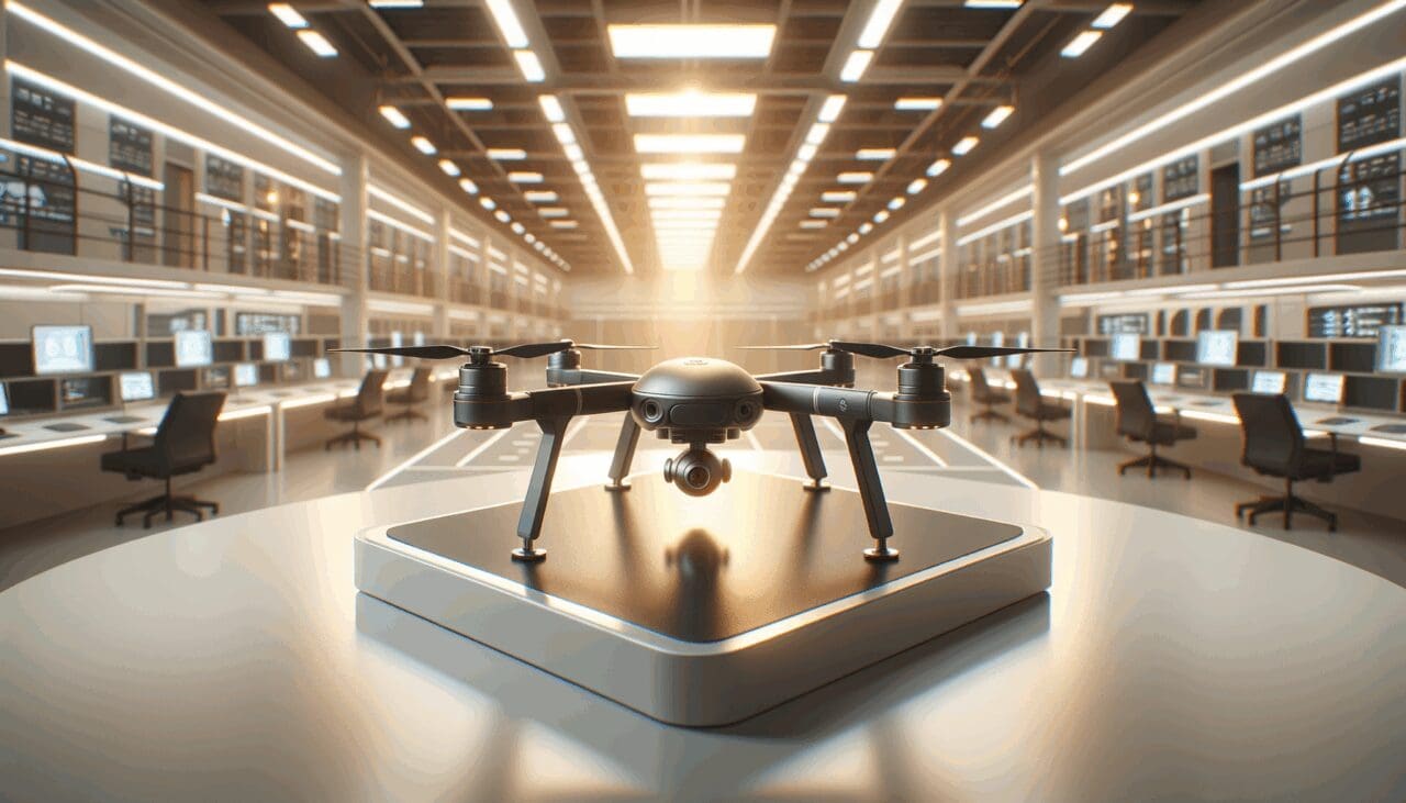 Primer plano de un dron moderno sobre una mesa tecnológica en un laboratorio iluminado.