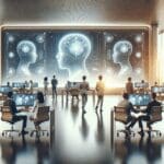 Oficina moderna con emprendedores colaborando frente a pantallas de inteligencia artificial, ambiente tecnológico.