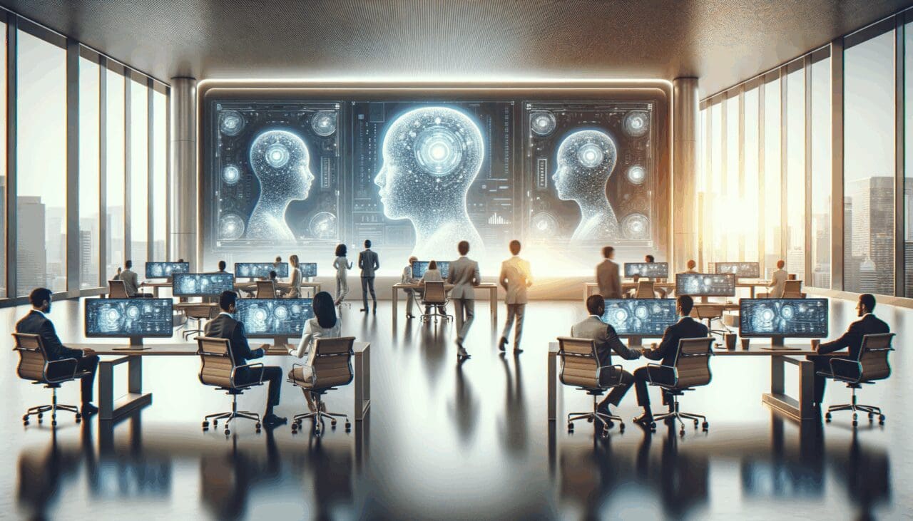 Oficina moderna con emprendedores colaborando frente a pantallas de inteligencia artificial, ambiente tecnológico.