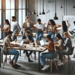 Grupo internacional de jóvenes emprendedores colaborando en un espacio de coworking moderno con laptops y pizarras.