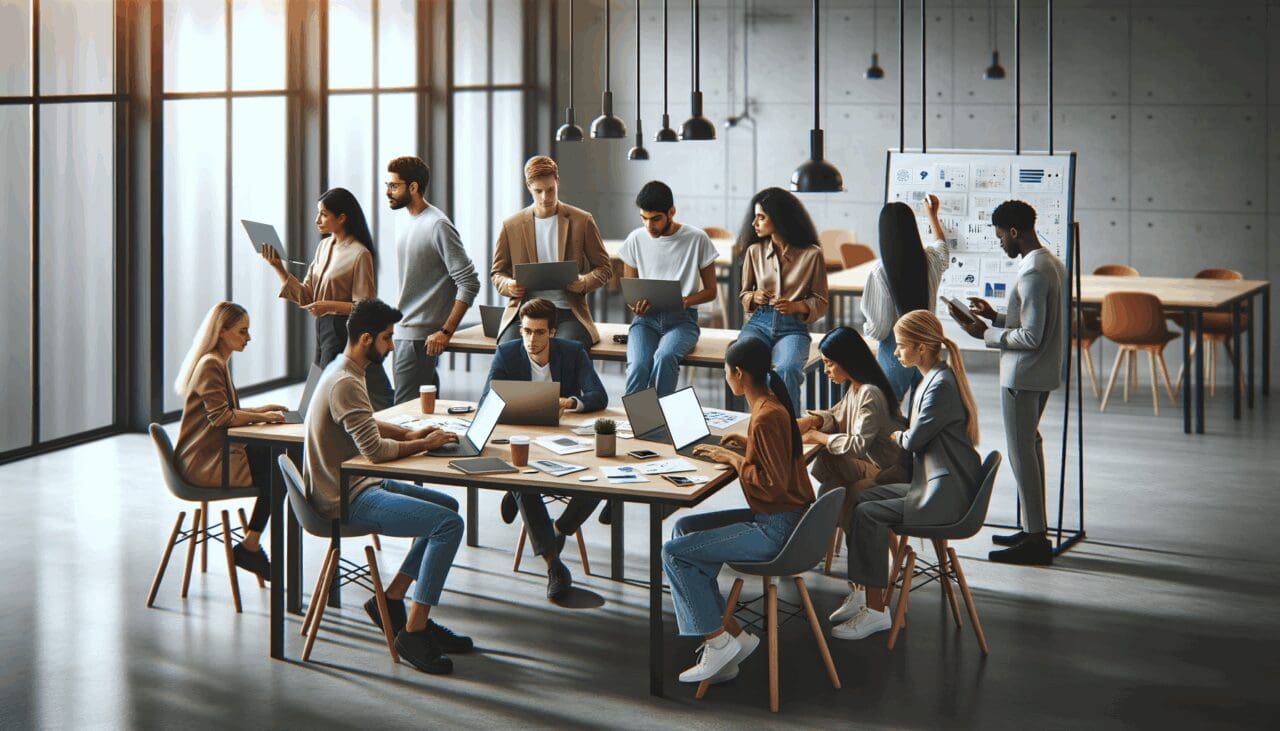 Grupo internacional de jóvenes emprendedores colaborando en un espacio de coworking moderno con laptops y pizarras.