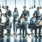 Oficina moderna con emprendedores trabajando juntos en laptops, ambiente colaborativo y tecnológico.