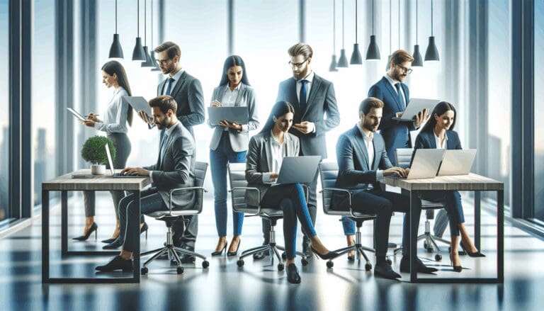 Oficina moderna con emprendedores trabajando juntos en laptops, ambiente colaborativo y tecnológico.