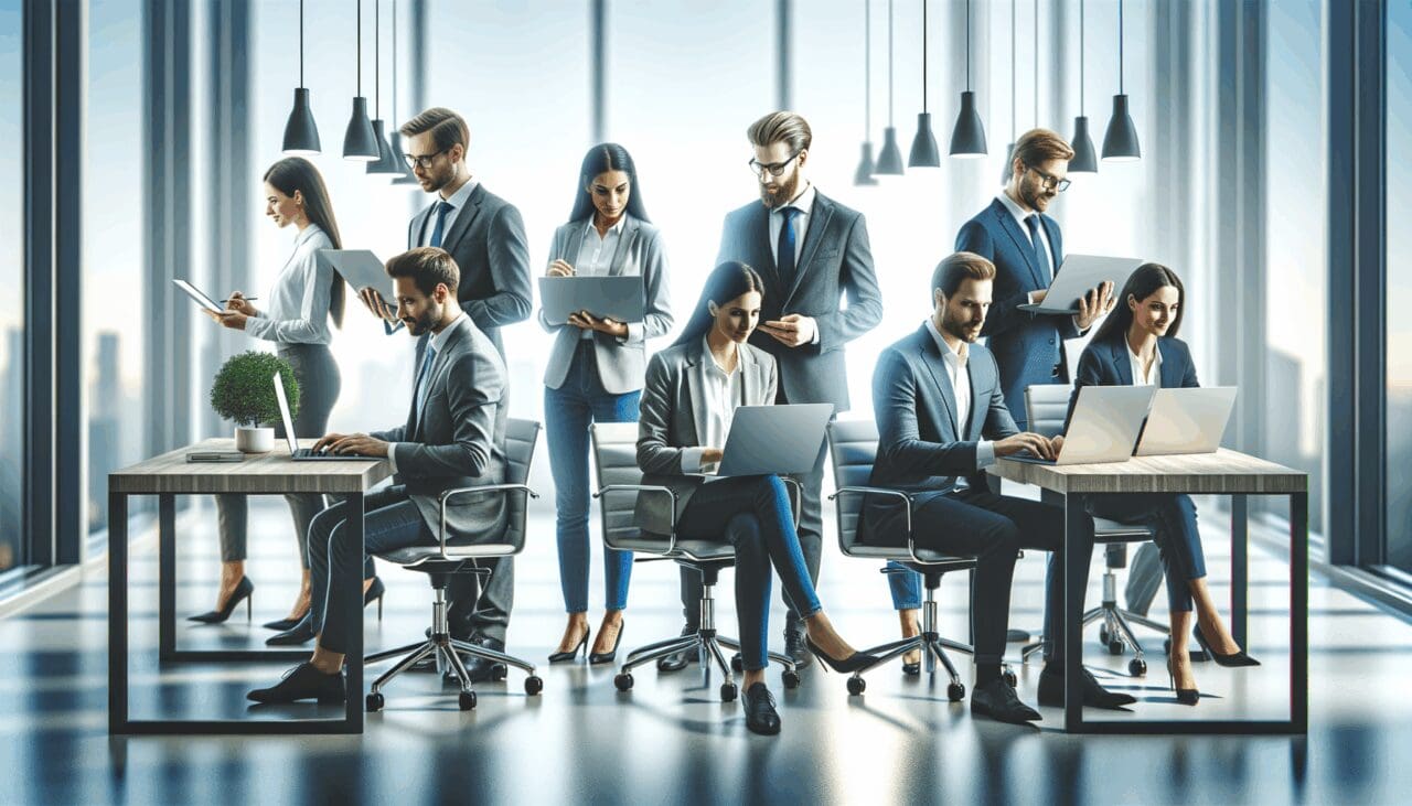 Oficina moderna con emprendedores trabajando juntos en laptops, ambiente colaborativo y tecnológico.