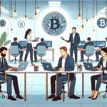 Ilustración conceptual de emprendedores analizando criptomonedas en laptops dentro de una oficina moderna.
