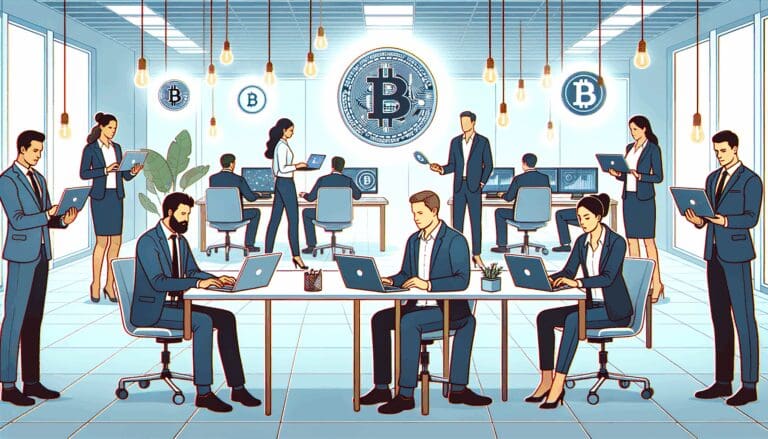 Ilustración conceptual de emprendedores analizando criptomonedas en laptops dentro de una oficina moderna.
