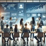 Emprendedores colaborando frente a pantallas con redes sociales y gráficos de tecnología.