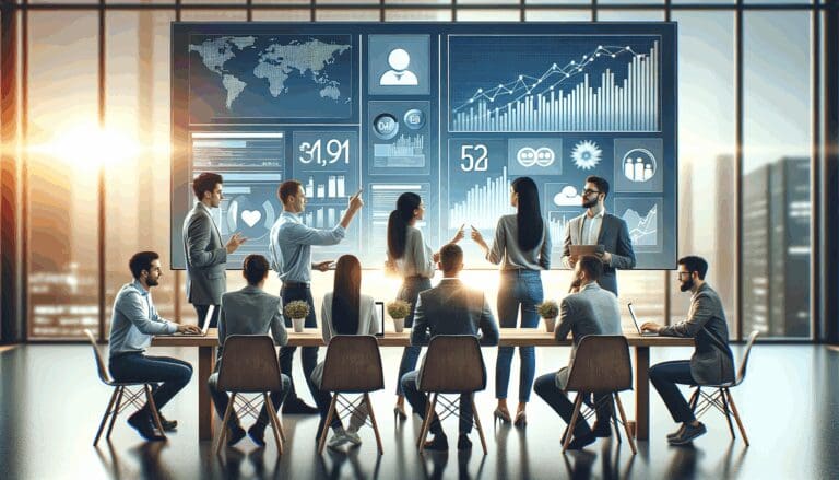 Emprendedores colaborando frente a pantallas con redes sociales y gráficos de tecnología.