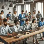 Un grupo diverso de emprendedores en una sala de reuniones moderna, trabajando juntos en laptops.