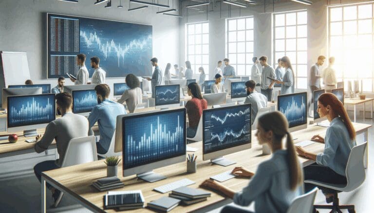 Oficina tecnológica luminosa con computadoras, jóvenes trabajando y pantallas mostrando gráficos financieros digitales.