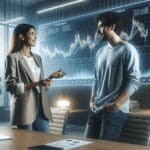 Fundadores de startup conversando frente a una pantalla digital con gráficos de inversión en un ambiente moderno y luminoso