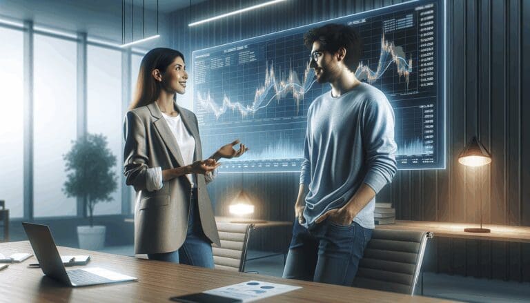 Fundadores de startup conversando frente a una pantalla digital con gráficos de inversión en un ambiente moderno y luminoso