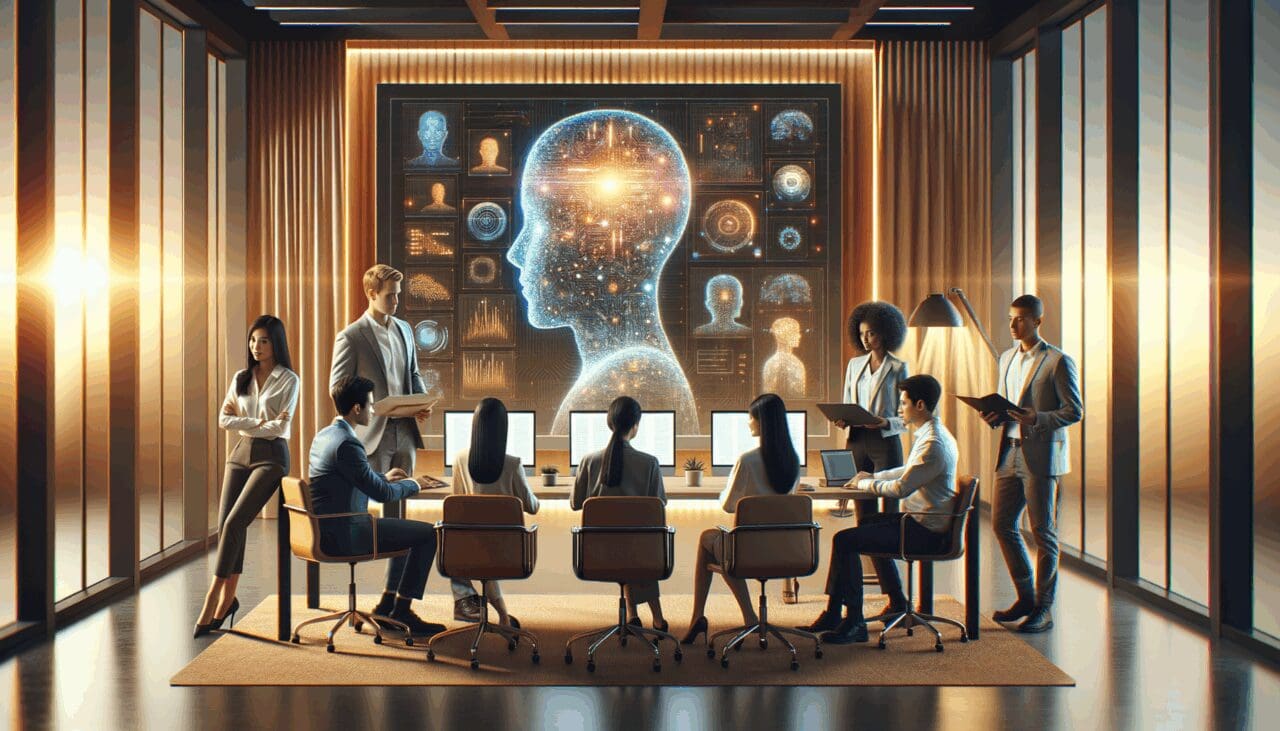 Equipo internacional de desarrolladores colaborando alrededor de una pantalla que muestra gráficos abstractos de inteligencia artificial en una oficina moderna, iluminación cálida y ambiente tecnológico.