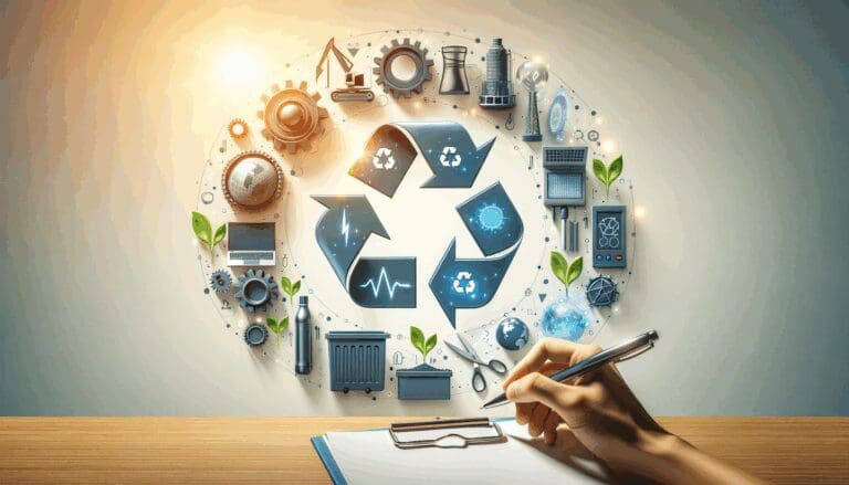 Concepto de economía circular con símbolos de reciclaje y tecnología avanzada.