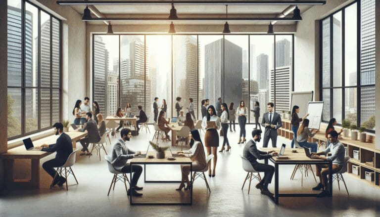 Grupos diversos de emprendedores trabajando en un espacio moderno de coworking en una ciudad latinoamericana.