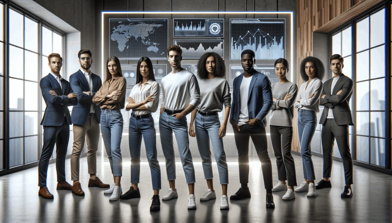Fotografía de un equipo diverso de jóvenes emprendedores frente a pantallas con gráficos digitales y escudos de seguridad en ambiente moderno.
