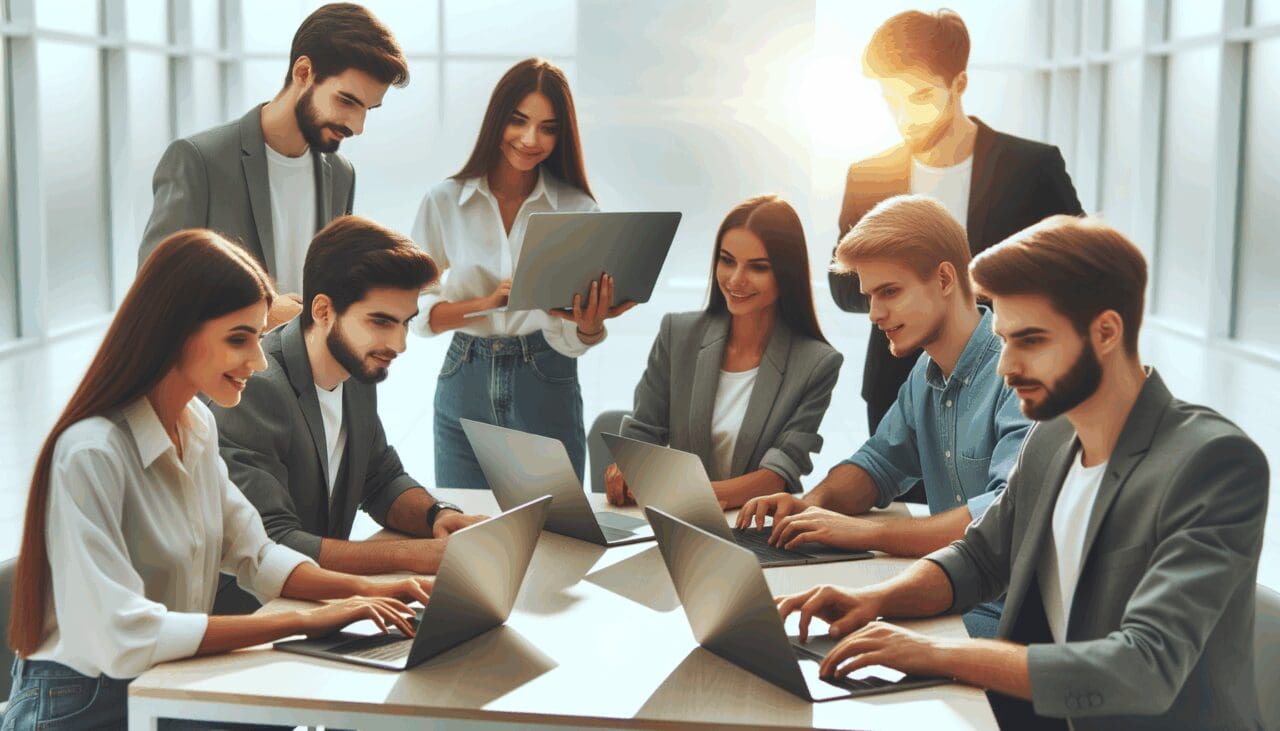 Jóvenes empresarios colaborando con laptops en una oficina moderna y luminosa.