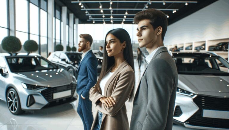 Conductores jóvenes revisando autos nuevos en un showroom moderno con ambiente corporativo.