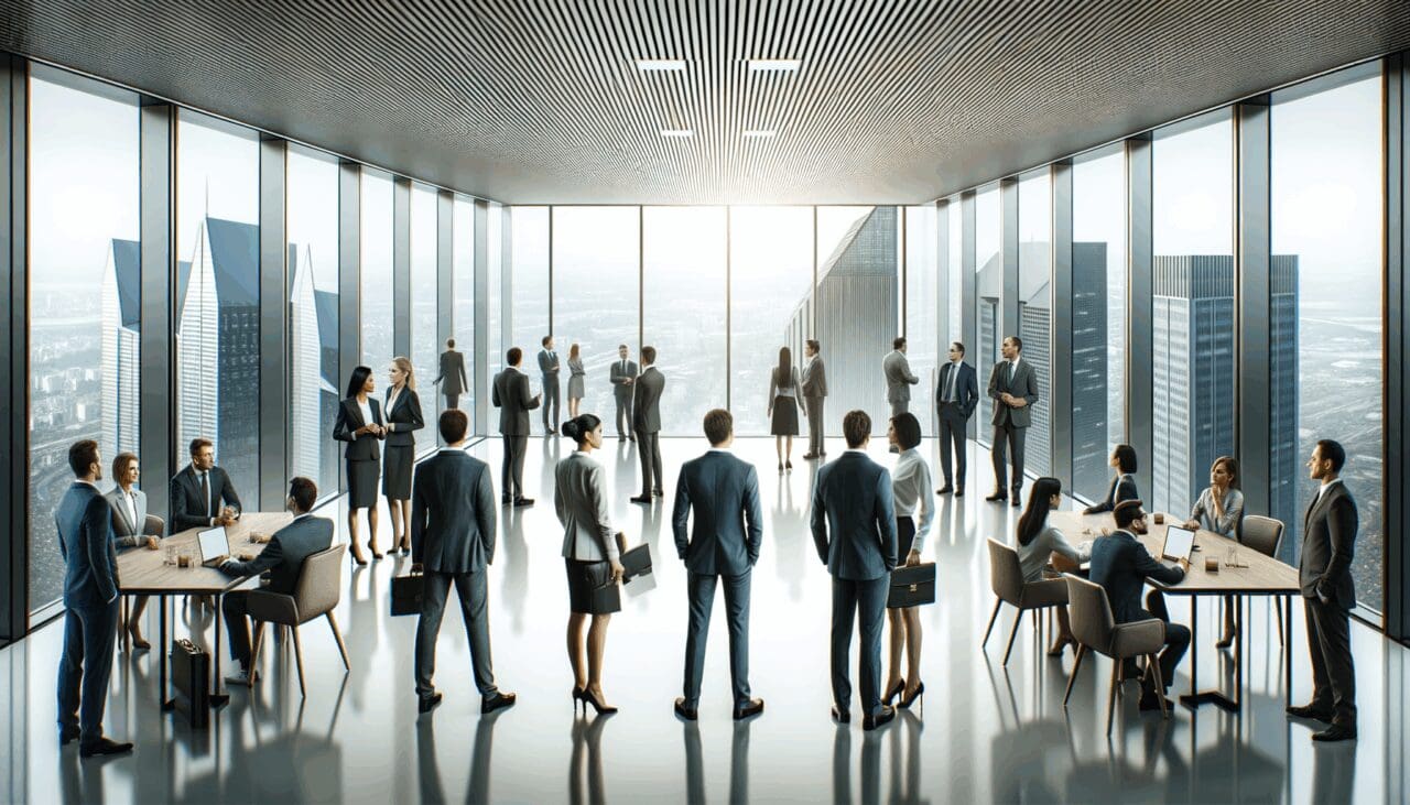 Evento corporativo en altura con emprendedores e inversores en un rascacielos.