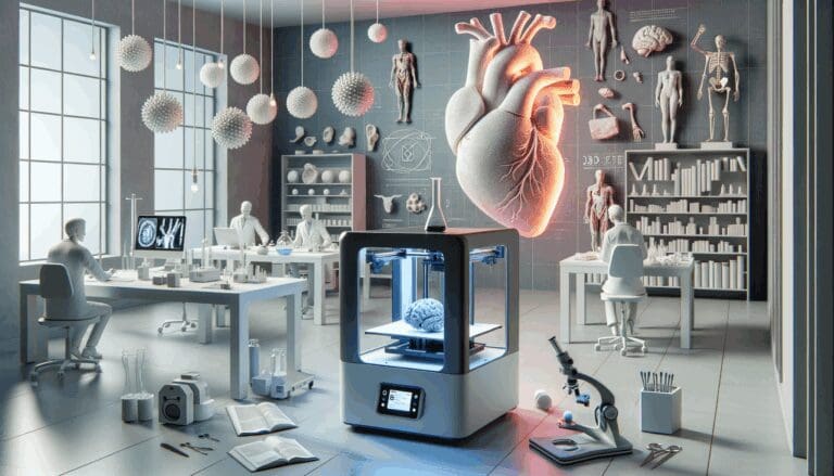 Laboratorio moderno con impresoras 3D y modelos anatómicos en un entorno de investigación avanzada