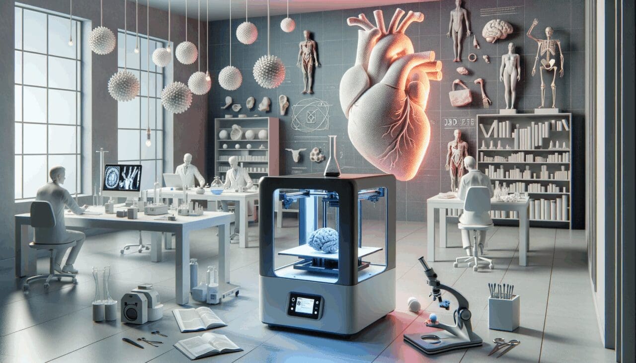 Laboratorio moderno con impresoras 3D y modelos anatómicos en un entorno de investigación avanzada