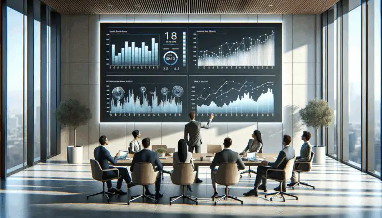 Fotografía de una sala de reuniones moderna con emprendedores analizando gráficos inmobiliarios digitales en una pantalla.