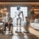 Robot asistencial interactuando con una persona mayor en un entorno acogedor y moderno.