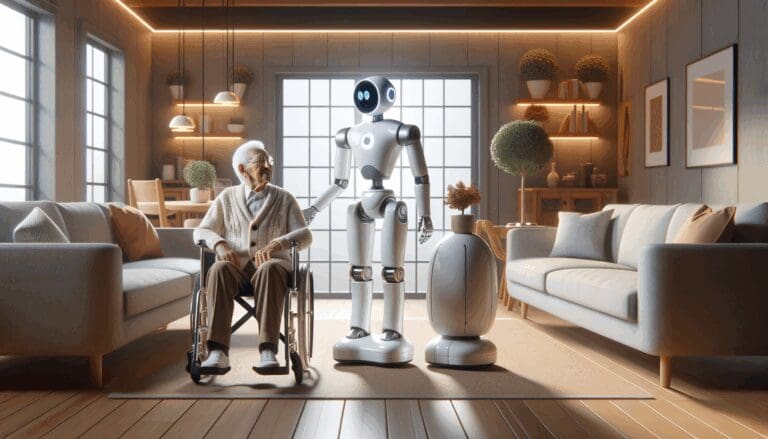 Robot asistencial interactuando con una persona mayor en un entorno acogedor y moderno.