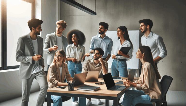 Jóvenes emprendedores colaborando en un espacio de coworking moderno con laptops y pizarras digitales.