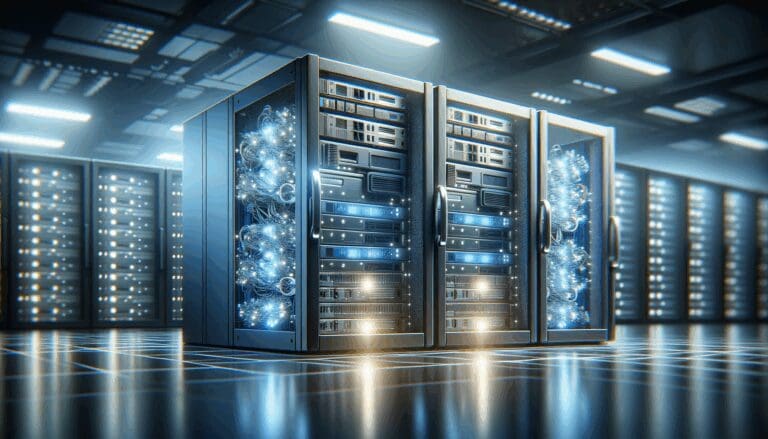 Primer plano de servidores y módulos de inteligencia artificial en un centro de datos moderno, con luces azules y fondo desenfocado.