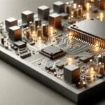 Primer plano de una placa de circuito impreso con chips y luces LED, ambiente moderno y colores neutros.