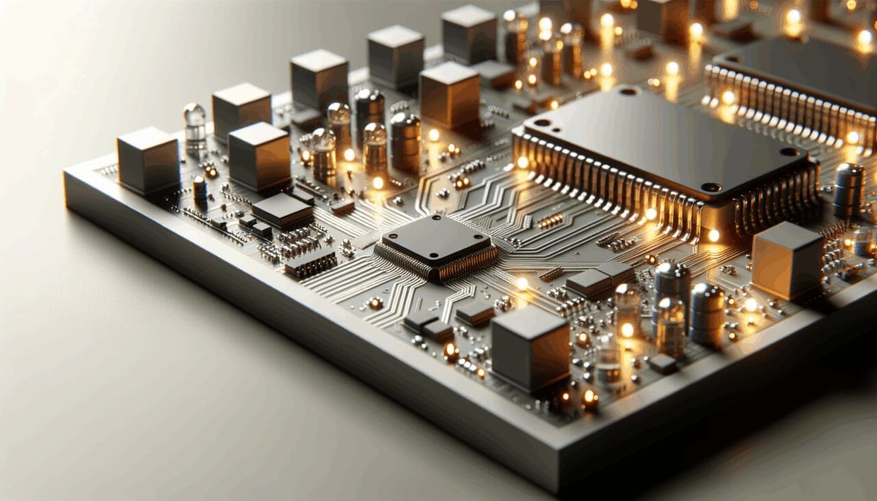 Primer plano de una placa de circuito impreso con chips y luces LED, ambiente moderno y colores neutros.