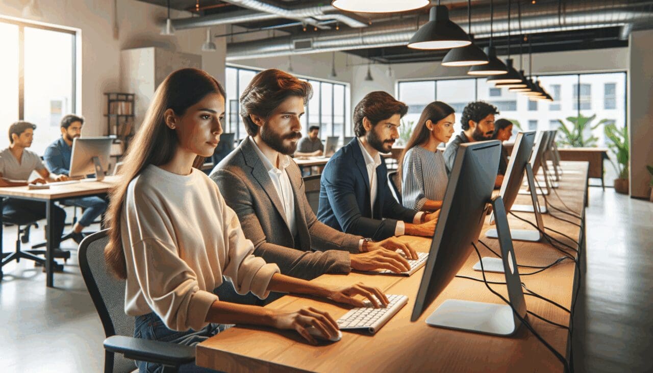 Jóvenes profesionales trabajando frente a computadoras en un moderno coworking de América Latina.
