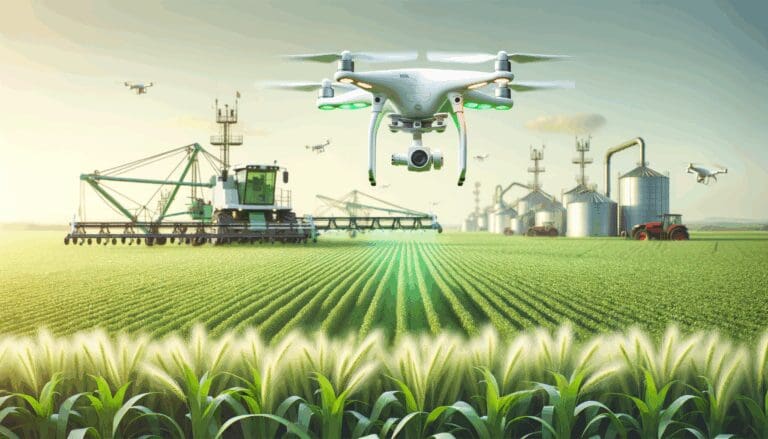 Dron volando sobre un campo agrícola verde, con maquinaria y sensores visibles al fondo, en un día despejado.