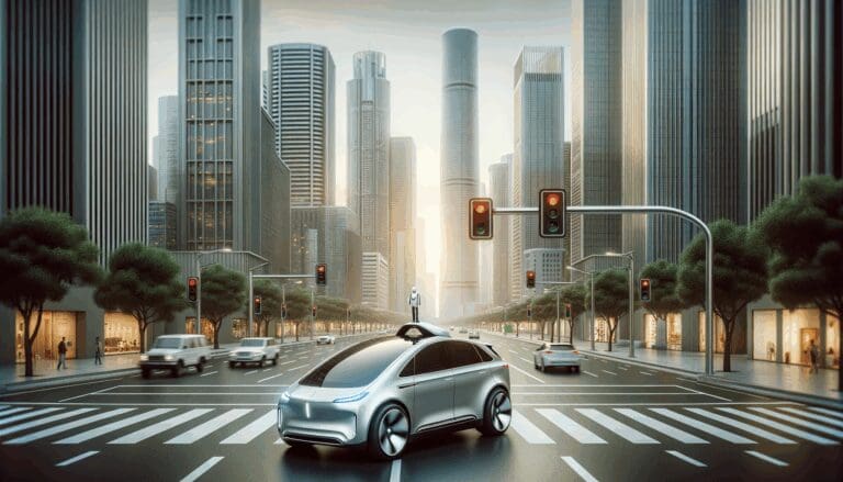 Vehículo autónomo circulando en una gran ciudad rodeado de rascacielos y semáforos inteligentes, estilo editorial sobrio.