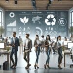 Jóvenes emprendedores trabajando en una oficina moderna con pantallas mostrando datos ecológicos.