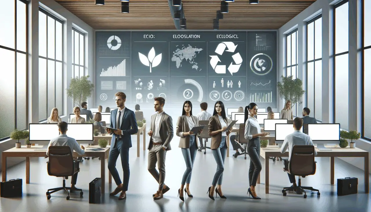 Jóvenes emprendedores trabajando en una oficina moderna con pantallas mostrando datos ecológicos.