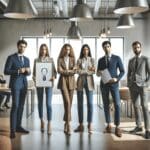 Grupo de emprendedores presentando sus ideas ante inversores en una sala moderna de coworking.