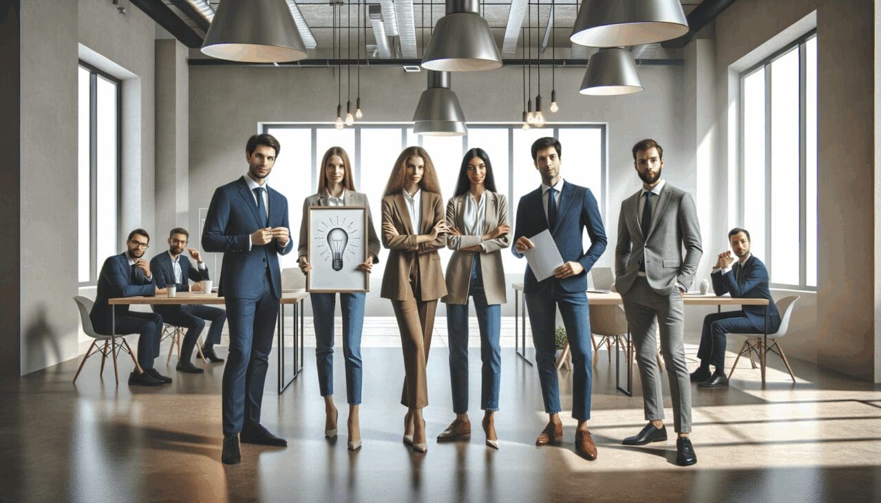 Grupo de emprendedores presentando sus ideas ante inversores en una sala moderna de coworking.