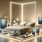 Cama inteligente moderna en un ambiente minimalista con luces suaves y dispositivos tecnológicos alrededor.