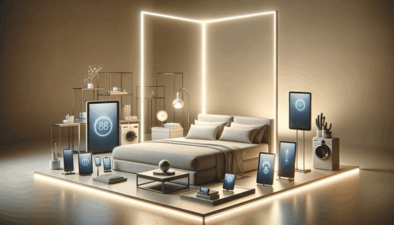 Cama inteligente moderna en un ambiente minimalista con luces suaves y dispositivos tecnológicos alrededor.