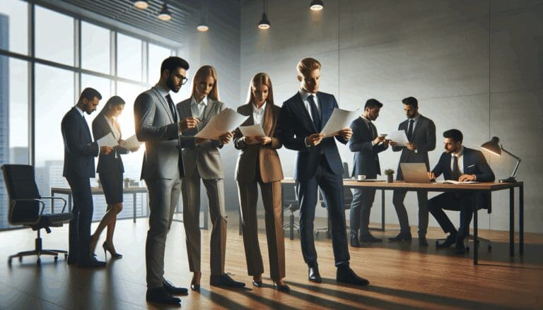 Emprendedores reunidos en una oficina moderna revisando documentos legales.