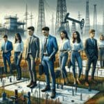 Equipo de personas jóvenes trabajando con sensores en un campo petrolero con vegetación y torres en el fondo, luz natural, estilo editorial.