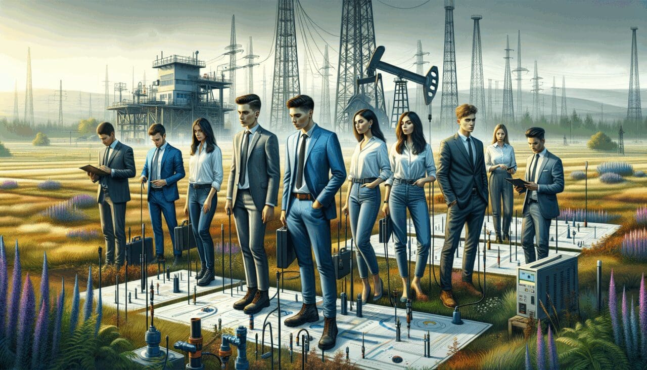 Equipo de personas jóvenes trabajando con sensores en un campo petrolero con vegetación y torres en el fondo, luz natural, estilo editorial.