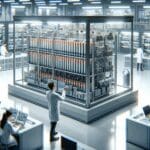 Primer plano de laboratorio tecnológico con baterías avanzadas y equipo de investigación analizando prototipos.