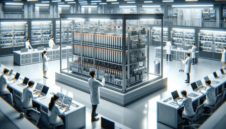 Primer plano de laboratorio tecnológico con baterías avanzadas y equipo de investigación analizando prototipos.
